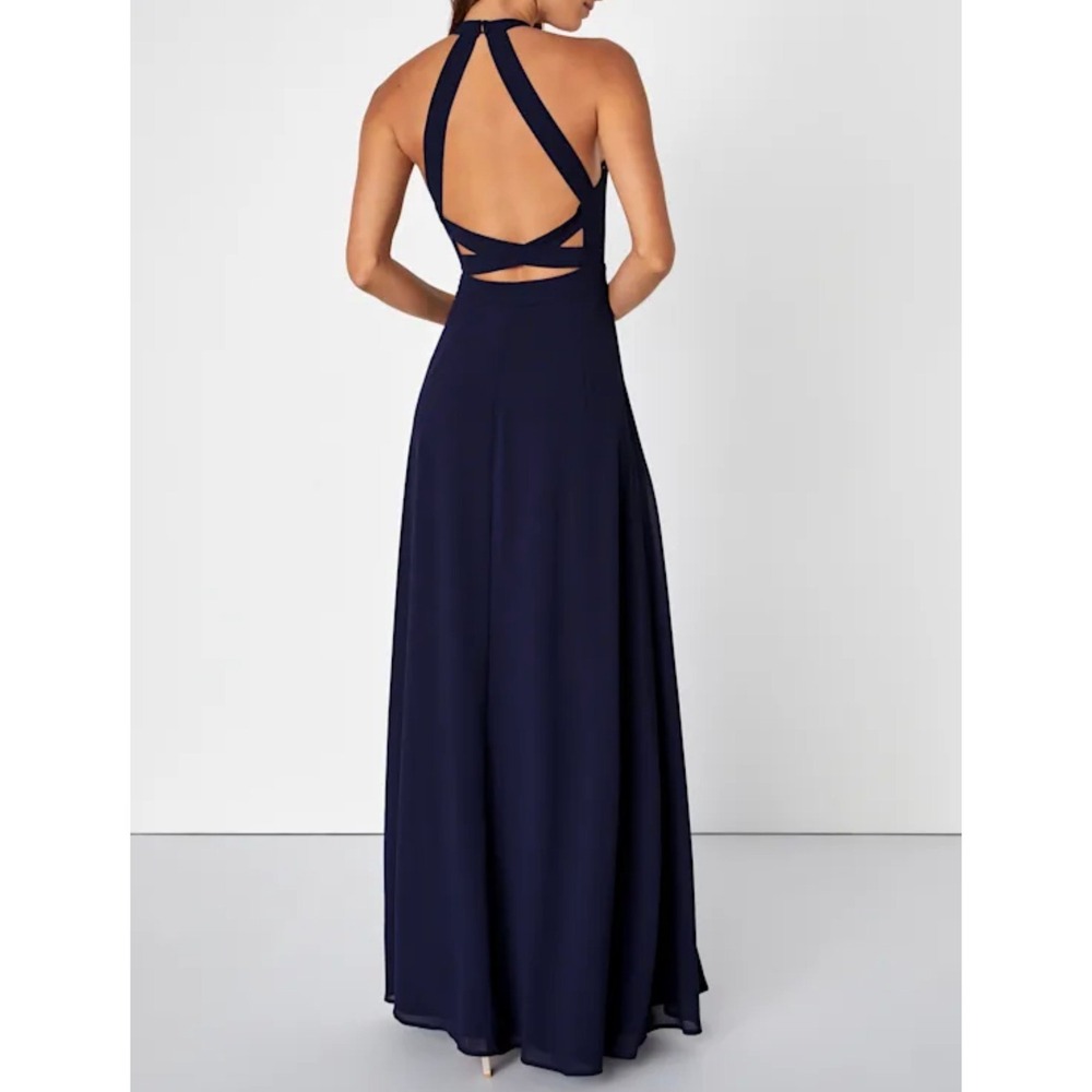 Lulus Confidently Charismatic Navy Blue Backless Halter Maxi Dress Size L 2906